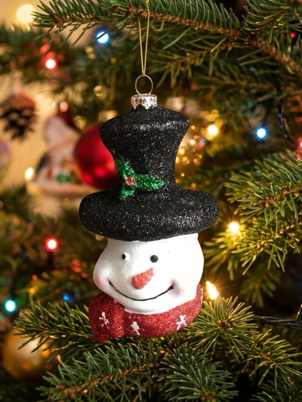 Festive Snowman Head Ornament in Black Hat and Red Scarf shatterproof